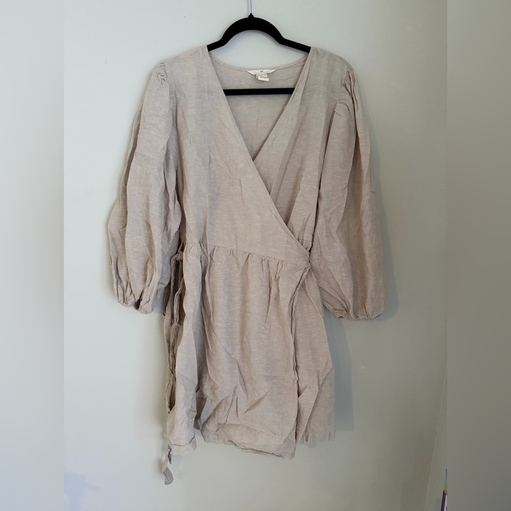 H&M Linen Blend Wrap Dress in Beige Size L